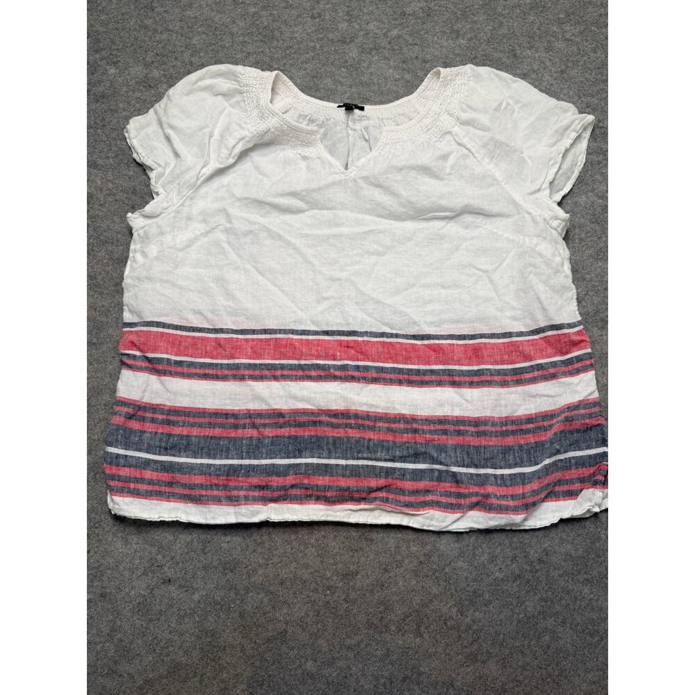 Talbots Petite XLP White Linen Blend Top Striped Short Sleeve Blouse Shirt